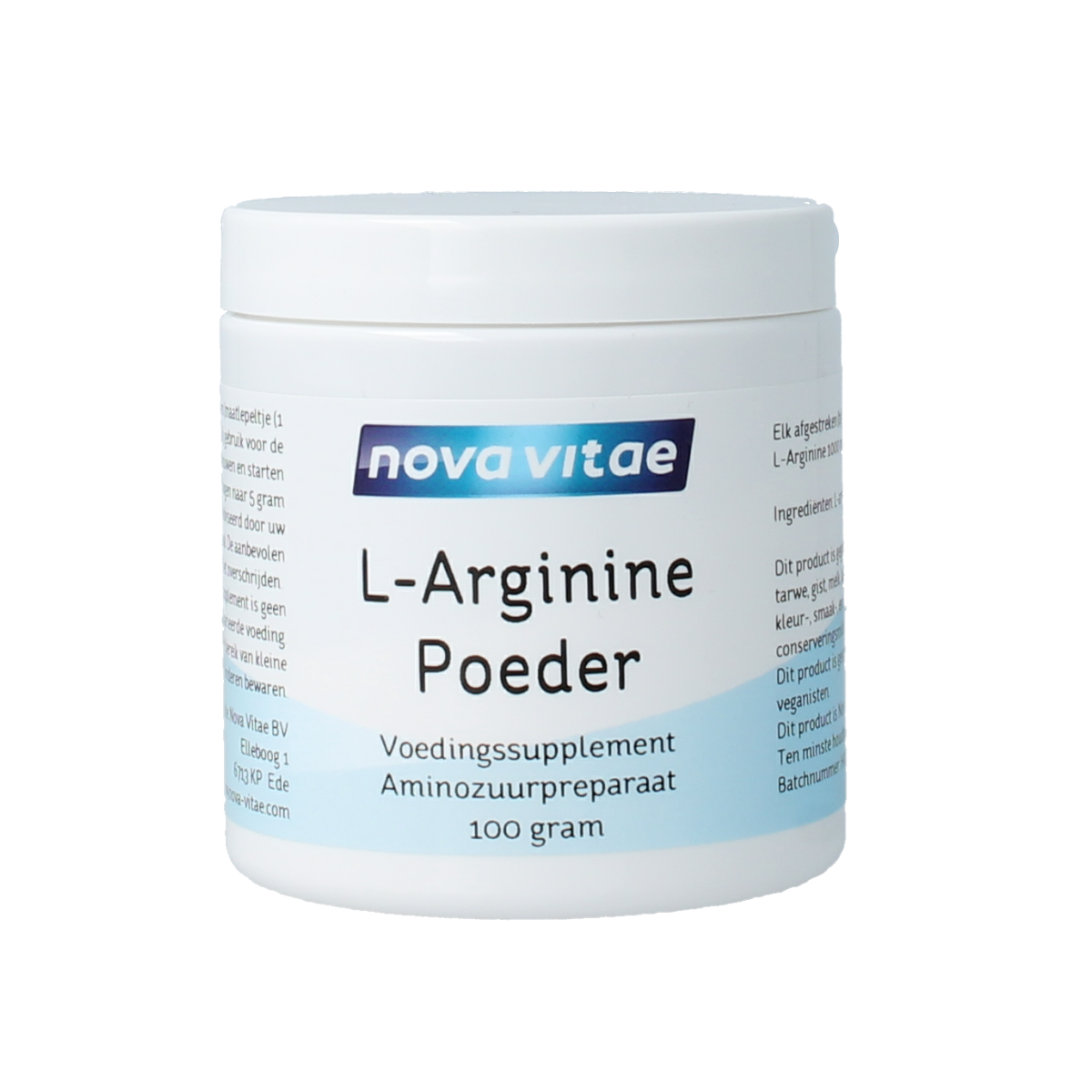 Nova Vitae L-Arginine mineral powder in a 100g container, showing the supplement packaging with product label and brand logo.