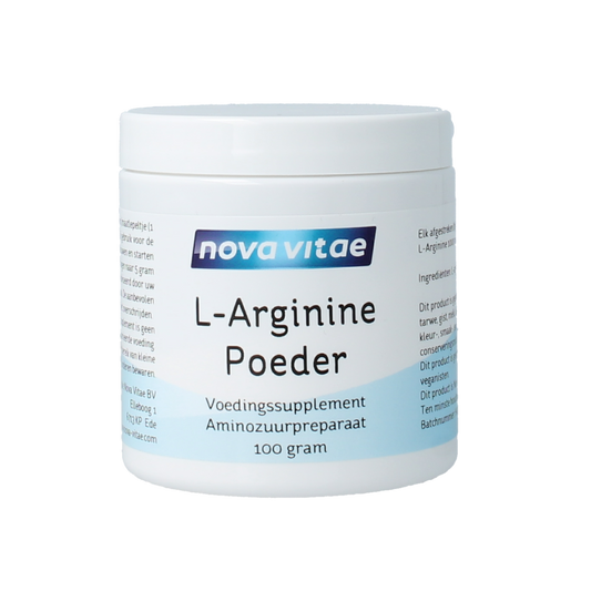 Nova Vitae L-Arginine mineral powder in a 100g container, showing the supplement packaging with product label and brand logo.