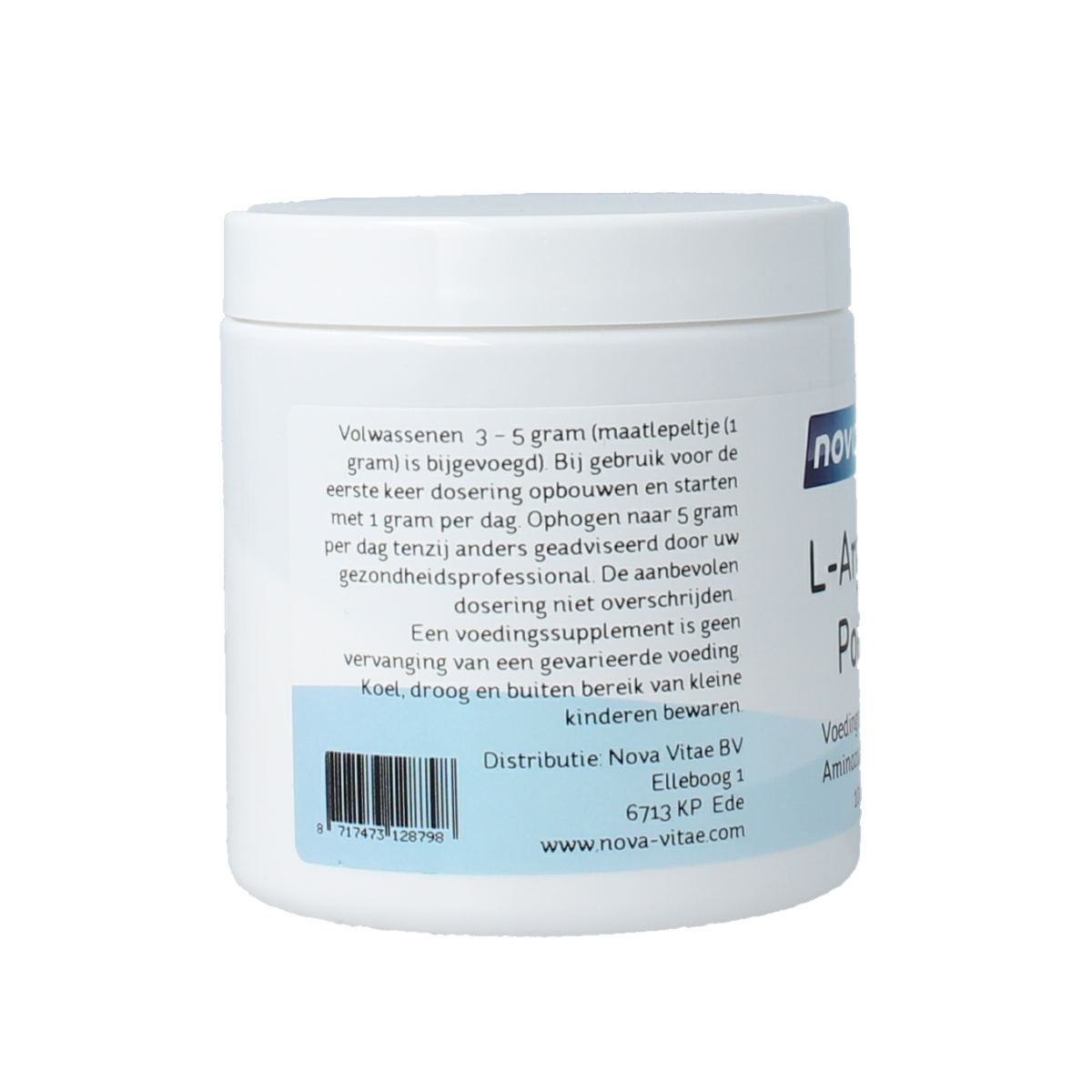 Nova Vitae L-Arginine powder in a 100g mineral supplement container, showing the label and product packaging.