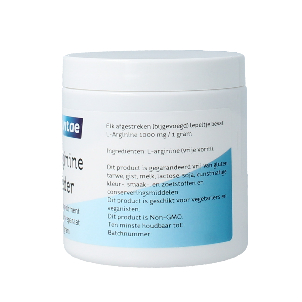 Nova Vitae L-Arginine powder in a 100g container, a dietary supplement with mineralen enkel ingredients.