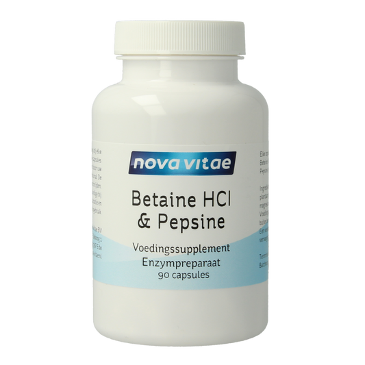 Nova Vitae Betaine HCI with pepsin capsules, dietary supplement in a white bottle with 90 capsules.