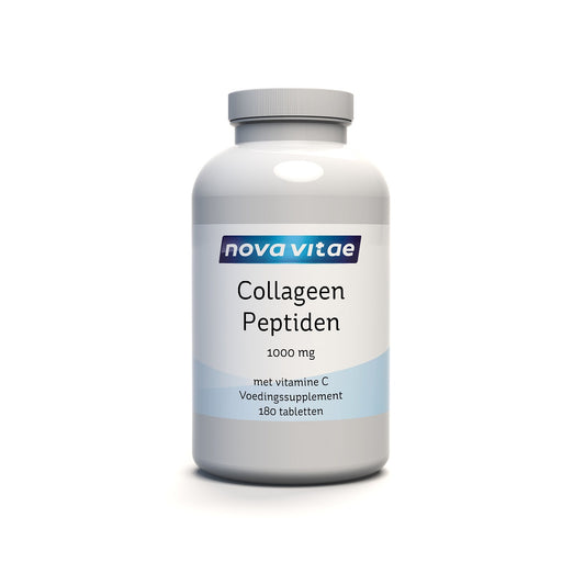 Nova Vitae Collageen Peptiden 1000mg supplement bottles with 180 tablets, dietary supplement for skin and joint health.