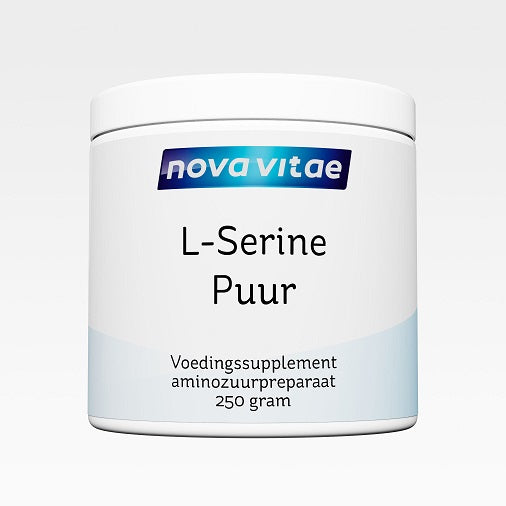 Nova Vitae L-Serine amino acid supplement in a 250g container, featuring the product label and packaging.