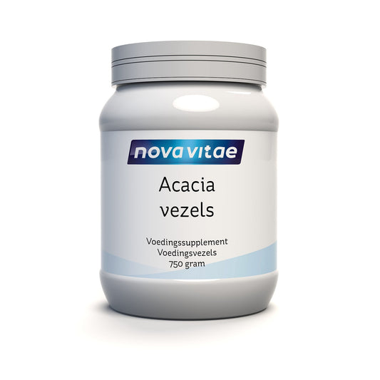 Nova Vitae Acacia vezels en enzymen in 750g container, natural dietary supplement with fiber and enzyme blend.