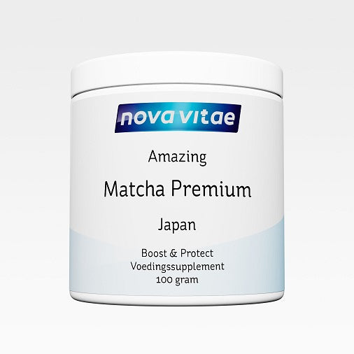 Jar of Nova Vitae Amazing Matcha premium herbal preparation in a 100g container, with green powder visible inside.