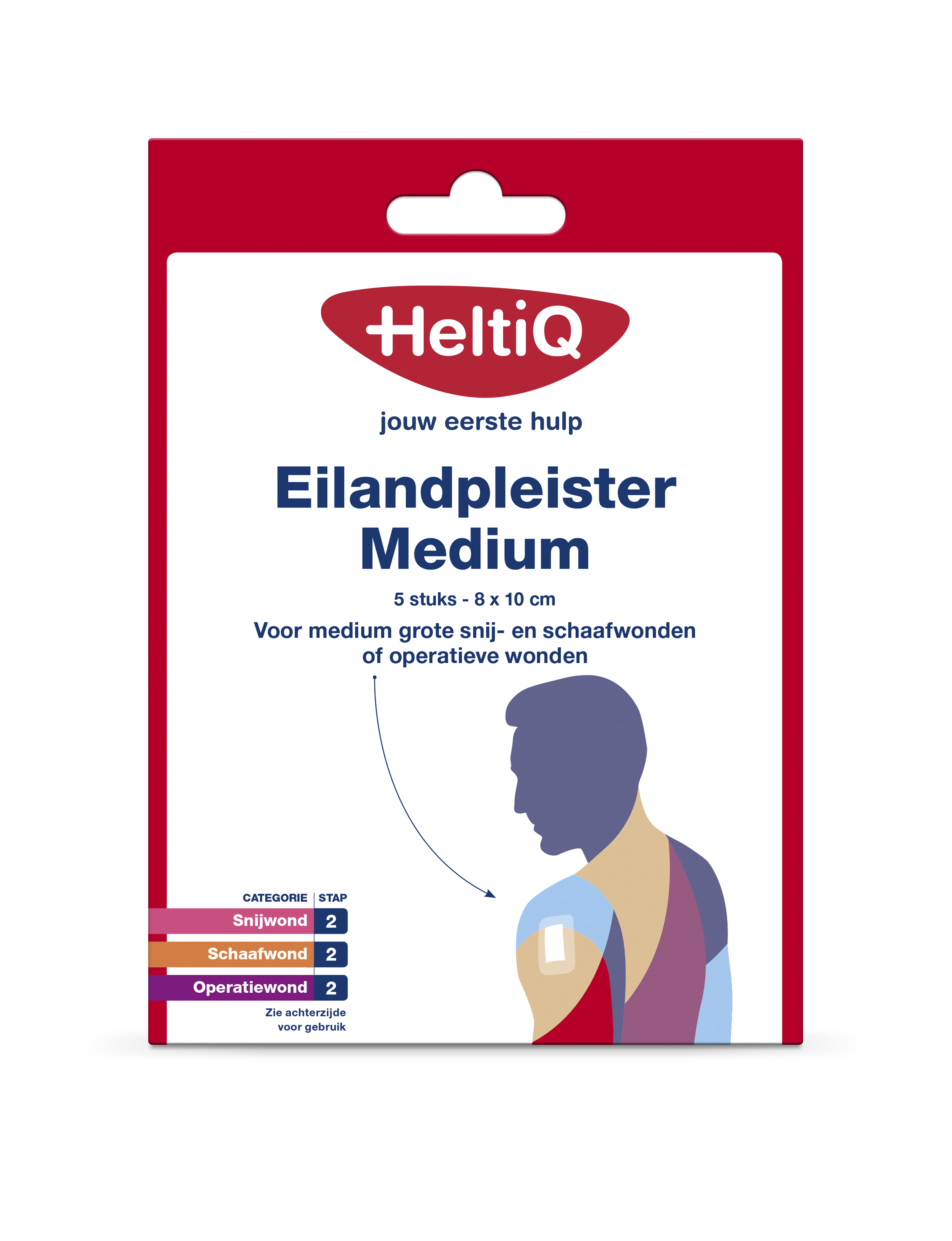 Heltiq Eilandpleisters 8x10cm pack with 5 adhesive bandages shown on a white background.