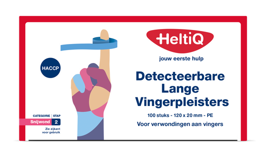 Heltiq Detect vingerpleister lang PE 120x20mm, adhesive bandages for finger wounds, pack of 100 stickers.
