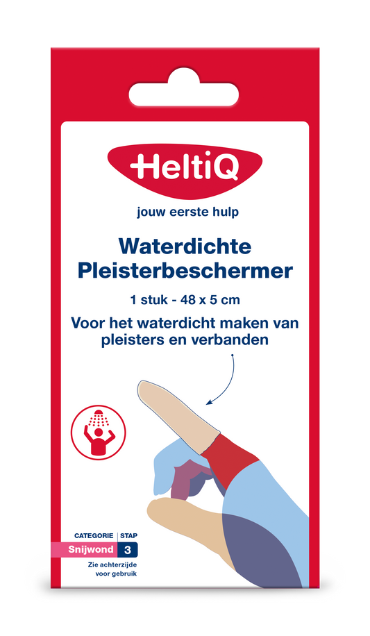 Heltiq waterproof plaster protector 1.00 piece, flexible and transparent adhesive cover for wound protection, shown on a white background.