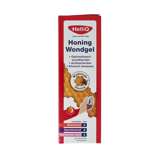 Heltiq Honing wondverzorging gel in a 15g tube, natural wound healing product for minor cuts and skin injuries