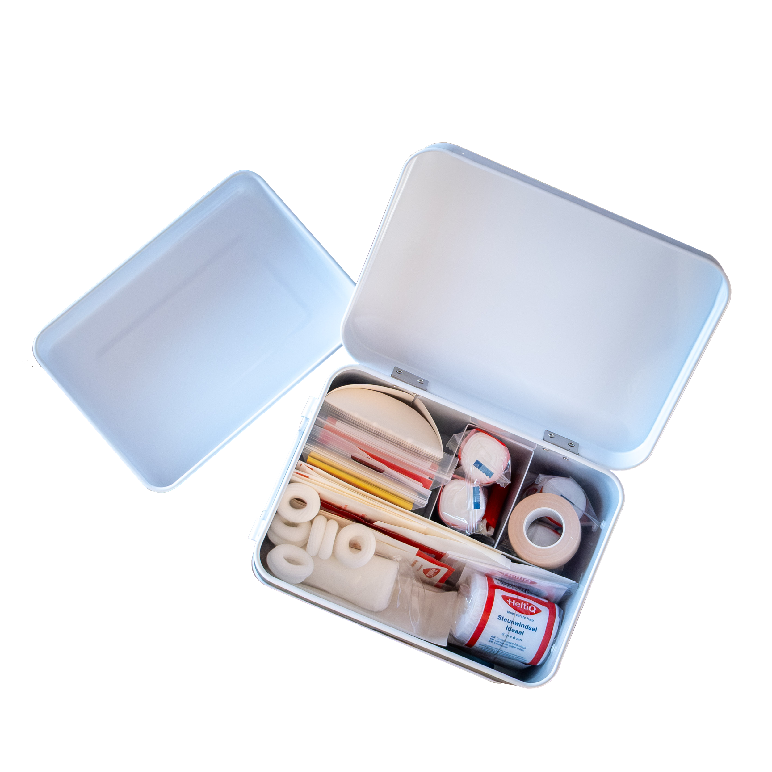 HeltiQ EHBO Blik Large first aid set in a compact container, featuring essential supplies for emergency medical care.