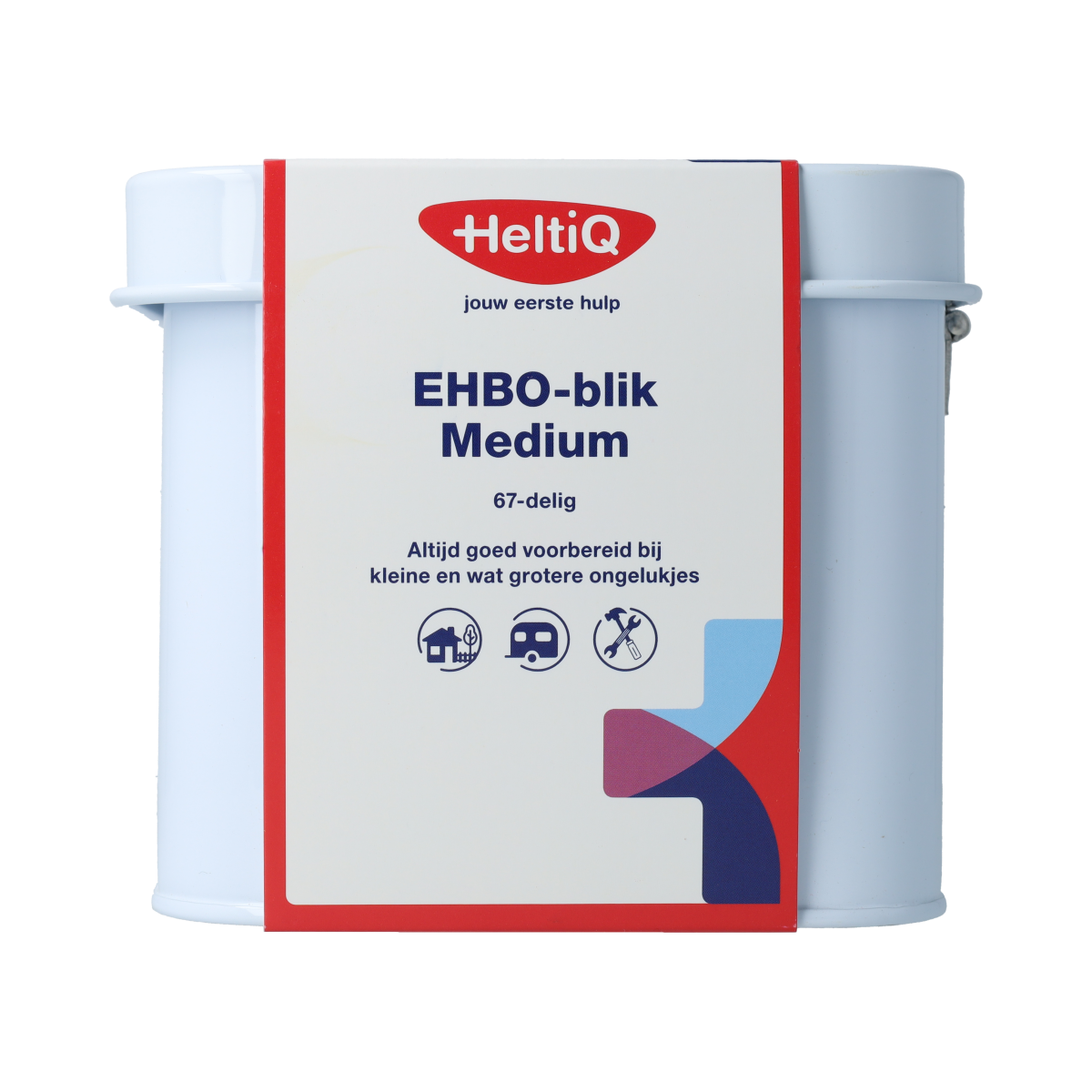 Heltiq EHBO Blik Medium first aid kit with bandages and medical supplies in a compact container, designed for emergency use.