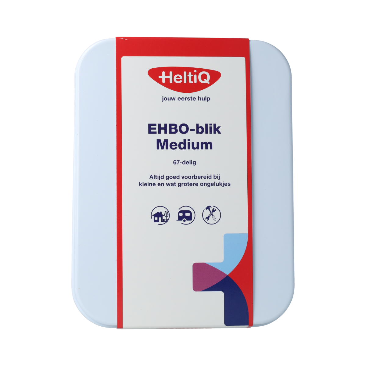 Heltiq EHBO Blik Medium first aid kit with bandages and supplies, designed for emergency medical use.
