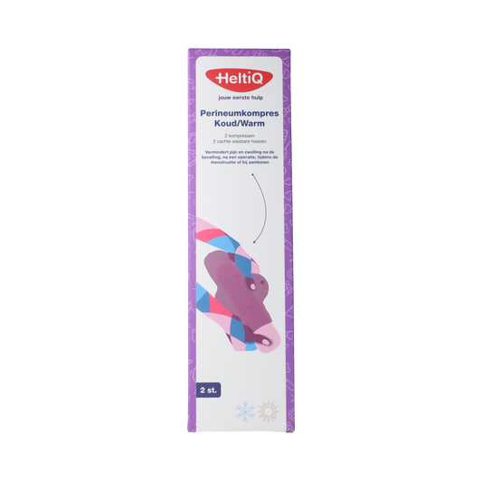 Heltiq Perineumkompres for kraamtijd, reusable cold/warm compress, showing the soft fabric and packaging.