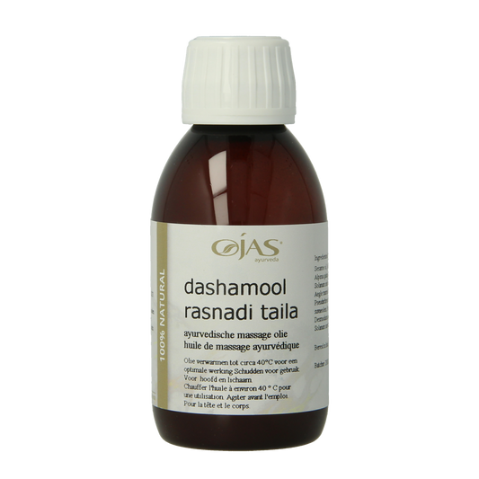 Ojas Dashamool Rasnadi Taila 150ml, natural body care oil with herbal ingredients, shown in a transparent bottle.