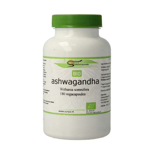 Surya Ashwagandha bio vegetarian capsules, herbal supplement in clear bottle with label, on a white background.
