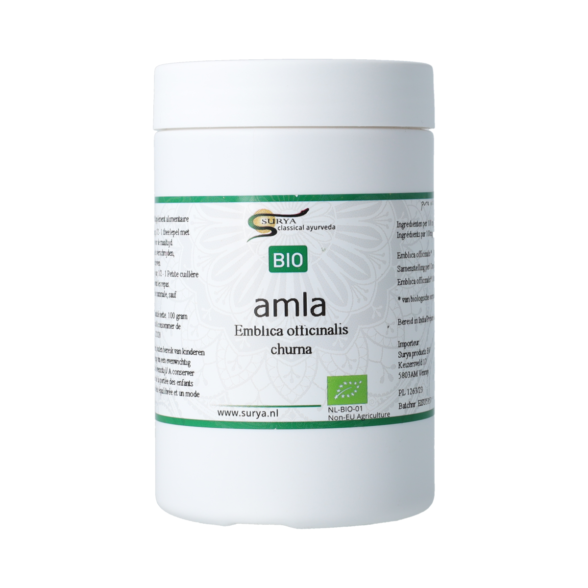 Surya Amla Churna bio herbal powder in 100g packaging, natural herbal supplement from Surya brand.