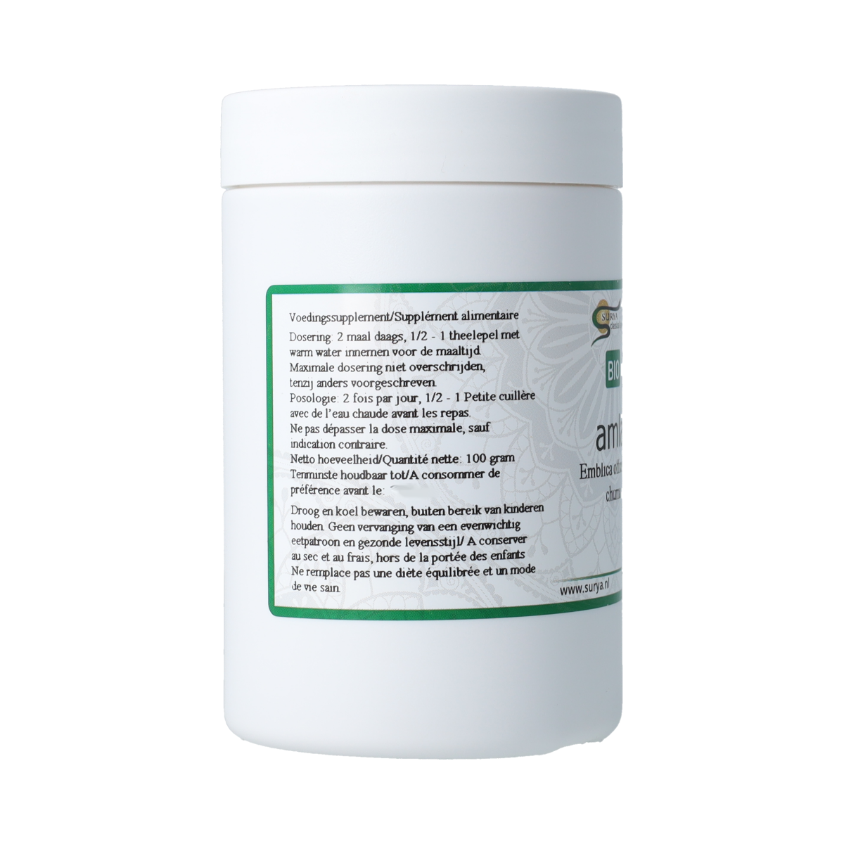 Surya Amla Churna bio 100g package, herbal powder for wellness, in a clear plastic bag with label, natural and organic.