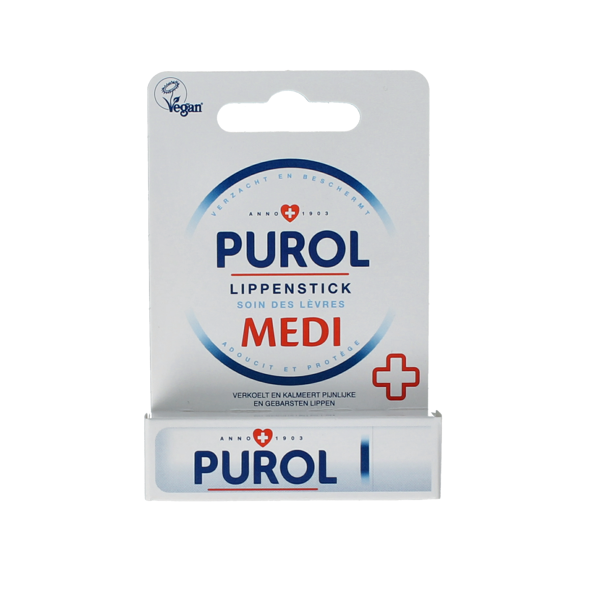 Purol Lippenstick medi in 4.80g, moisturizing lip care stick with natural ingredients, shown in sleek packaging.