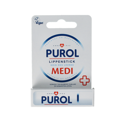 Purol Lippenstick medi in 4.80g, moisturizing lip care stick with natural ingredients, shown in sleek packaging.
