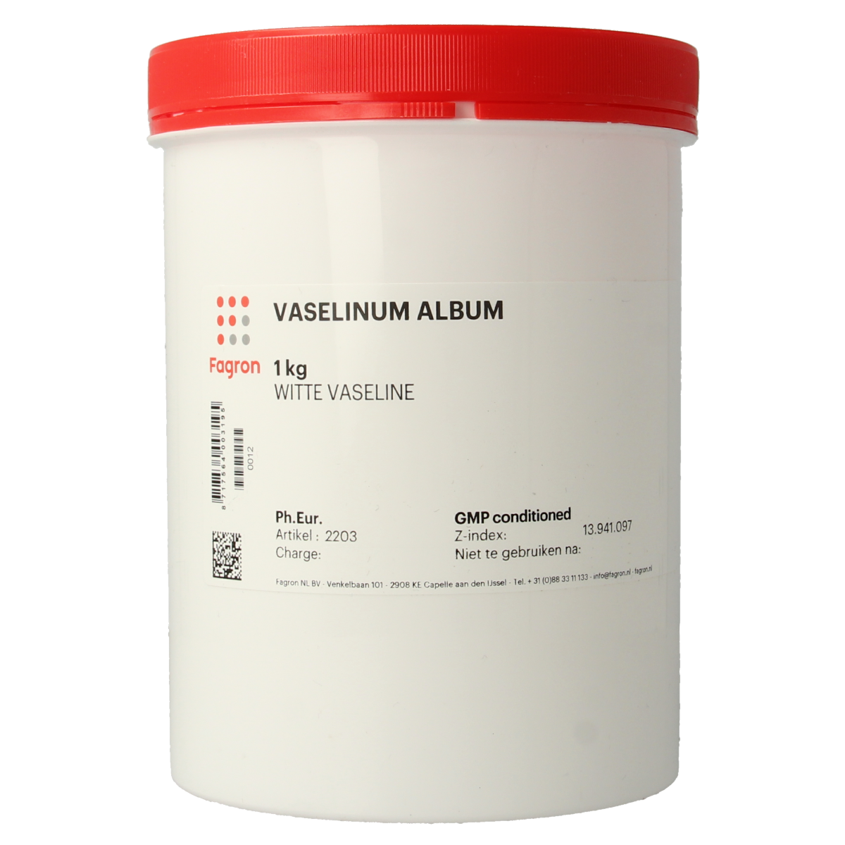 Fagron Vaseline witte zuurvrij, 1 kg, zuurvrije lichaamsverzorging in een grote pot met witte vaseline.