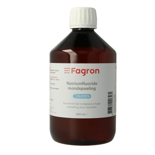 Fagron Natriumfluoride mouth rinse 0.025%, 500ml bottle, fluoride mouthwash for dental health, with label and packaging details