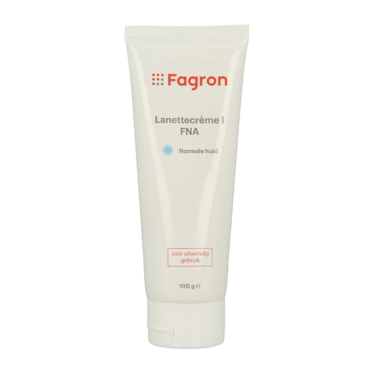 Fagron Lanettecreme I FNA body care cream in 100g container, with a smooth, creamy texture for skin hydration.