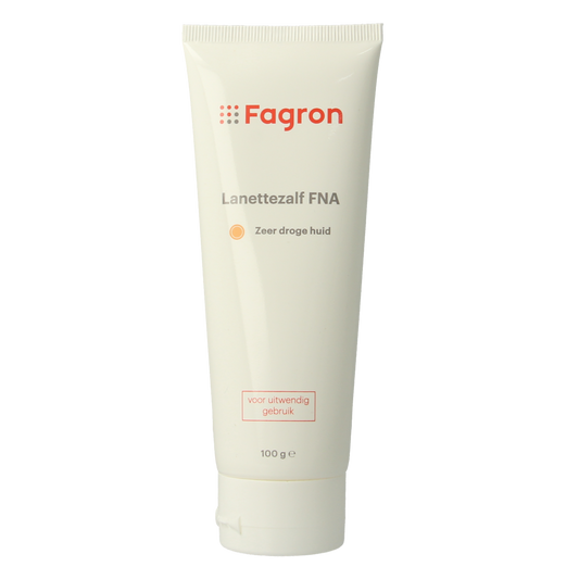 Fagron Lanettezalf FNA body care product in a 100g tube, used for skin moisturizing and nourishment.
