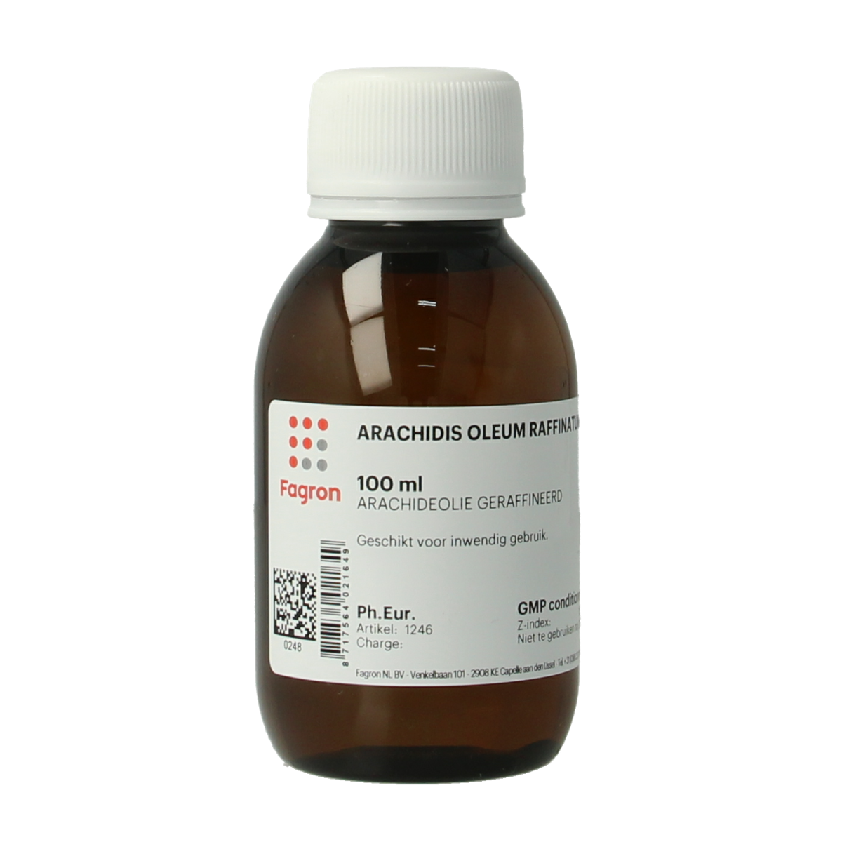 Fagron Arachidis oleum raffinatum 100ml, a refined peanut oil used for bath and shower products, shown in a clear bottle.