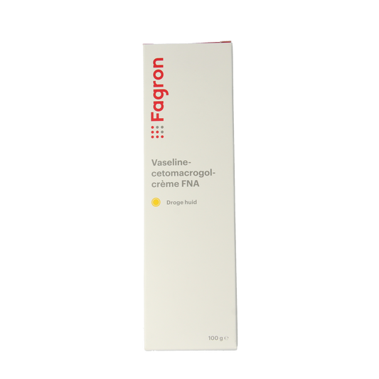Fagron Vaselinecetomacrogol crème FNA in a 100g container, used for body care, with a smooth, creamy texture.