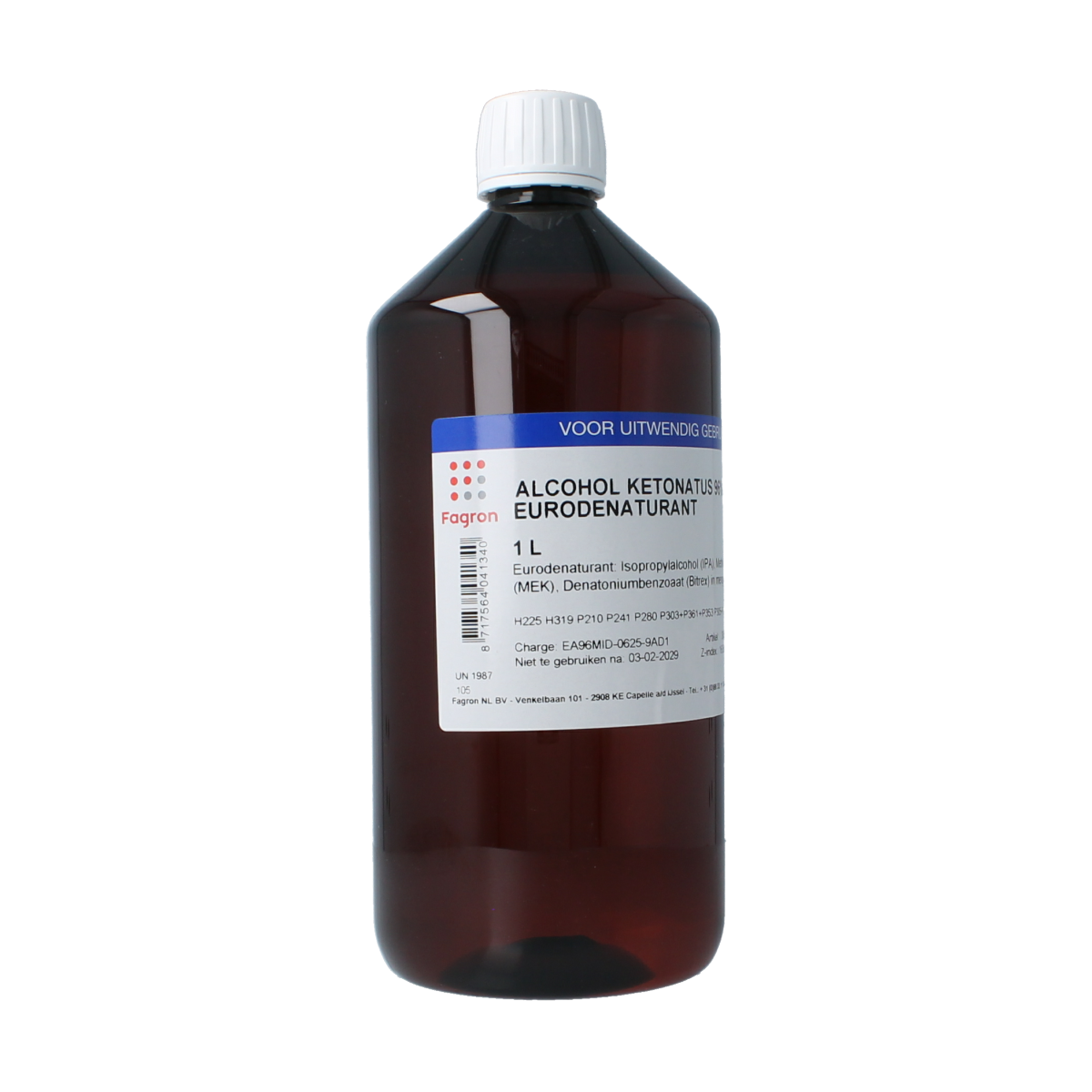 Fagron Alcohol Ketonatus 96% v/v disinfectant in a 1-liter container, used for sanitizing and sterilization purposes.