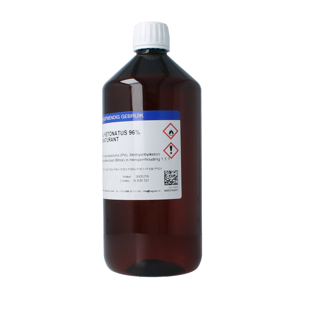 Fagron Alcohol Ketonatus 96% v/v disinfectant bottle, 1 liter, with clear liquid and label showing product details.