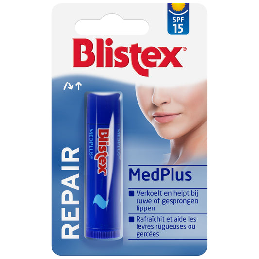 Blistex lip balm stick in 4.25 grams, moisturizing lip care product with plus formula, shown in a natural upright position.
