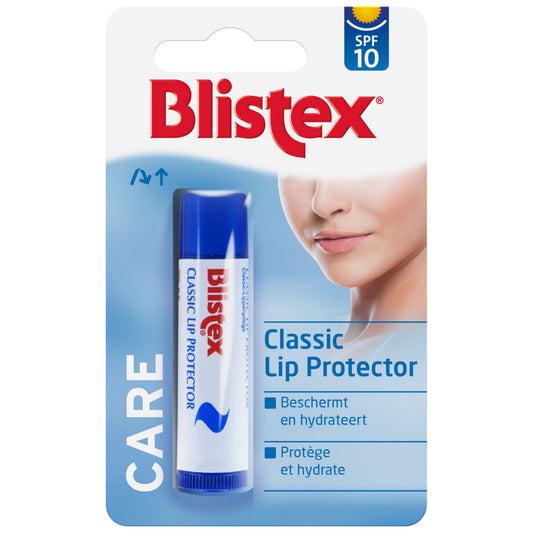 Blistex Classic lip balm stick in a 4.25 gram tube, featuring a beige cap and packaging, designed for lip moisturizing and care