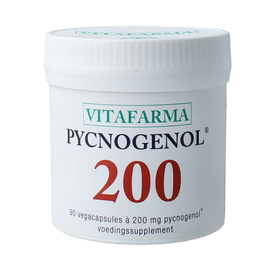 VitaFarma Pycnogenol 200 vegetarian capsules, herbal supplement in a clear plastic bottle with a white label.