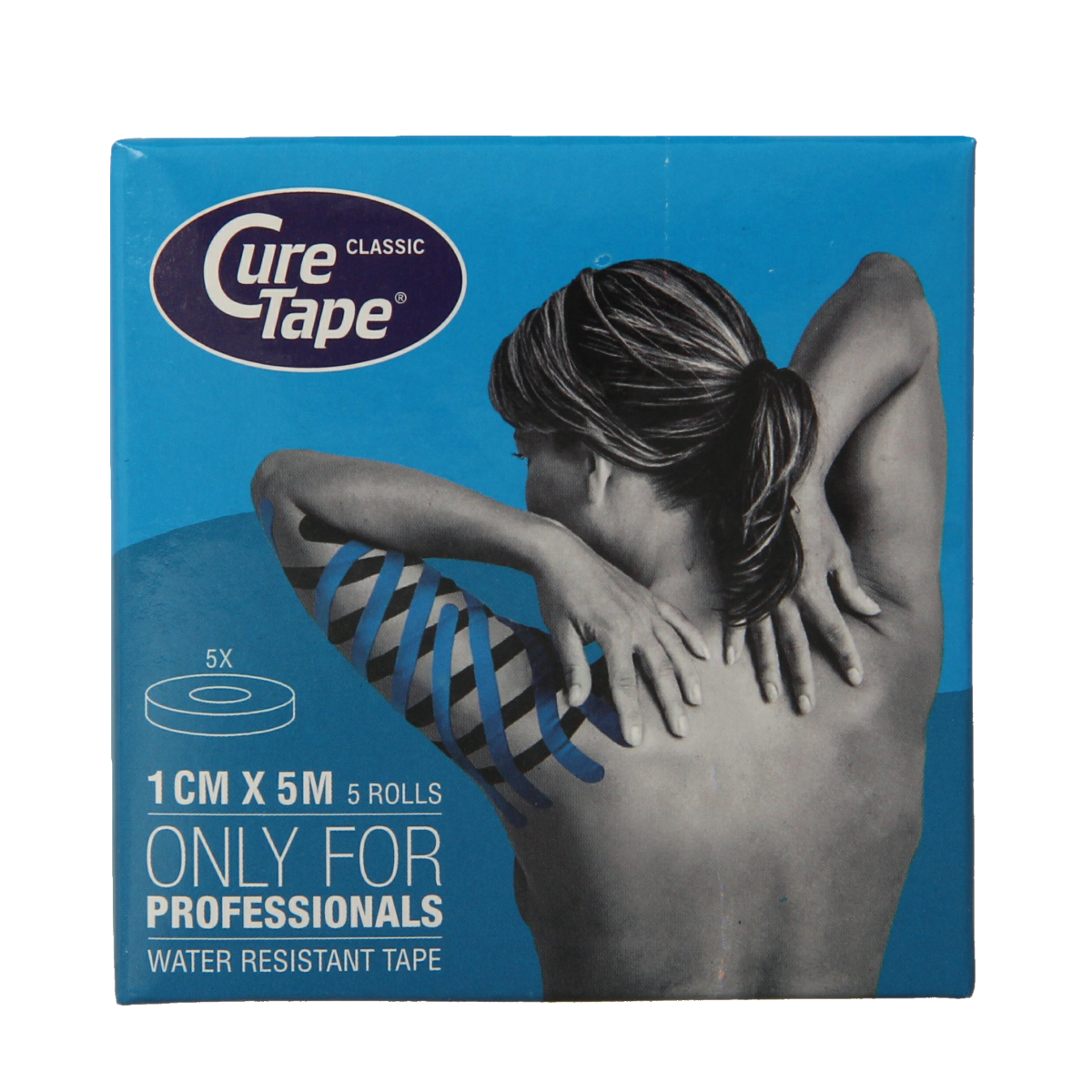 Blue Cure Tape kinesiotape for sports, 1cm x 5m, shown in a roll, designed for muscle support and injury prevention.