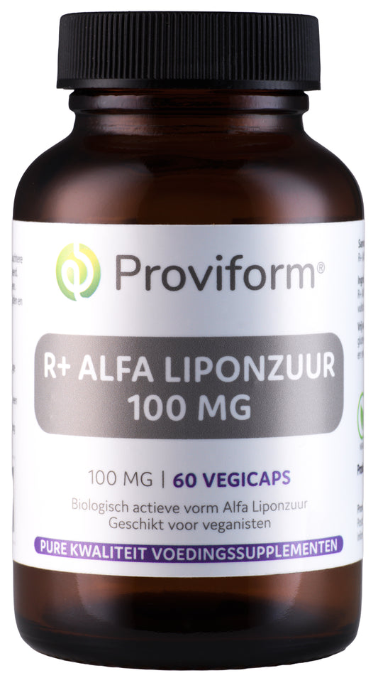 Proviform R+ Alfa liponzuur 100 mg vegetarian capsules, dietary supplement with amino acids in a clear bottle.