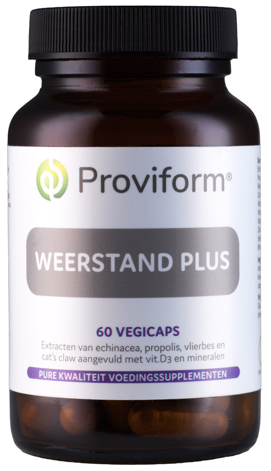 Proviform Weerstand Plus vegetarian herbal capsules in a clear bottle, showing green capsules and label detailing the herbal supplement.