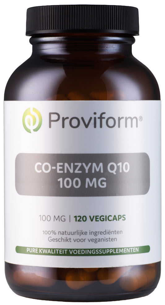Proviform Coenzym Q10 100mg vegetarian capsules, dietary supplement for energy and heart health, shown in bottle with capsules.