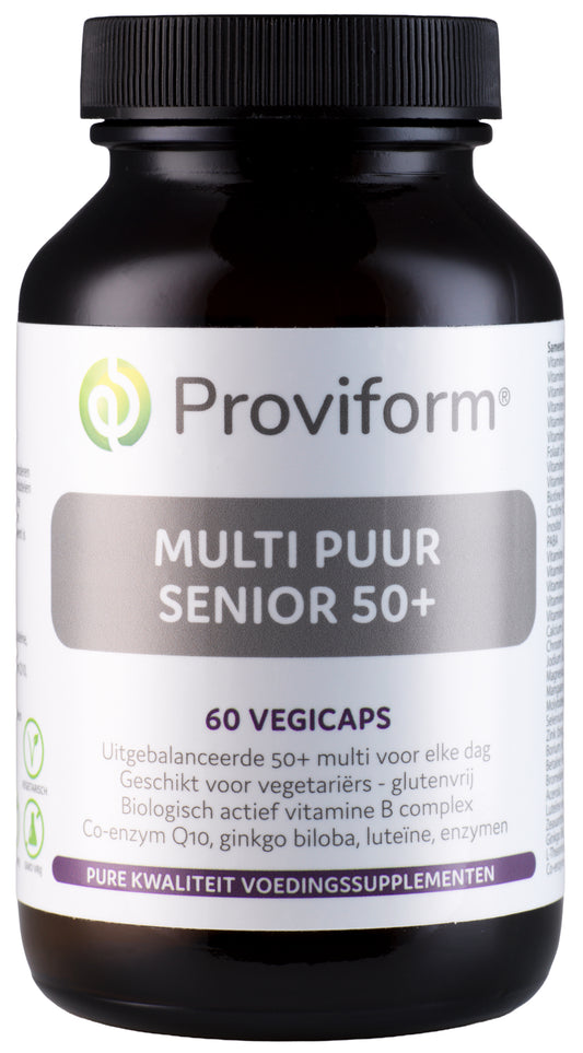Proviform Multi Puur Senior 50+ vegetarian multivitamin capsules in a bottle, designed for adults over 50.