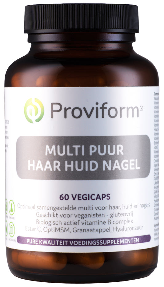 Proviform Multi Pure Hair and Nail Vegetarian Capsules, 60 capsules, close-up of the supplement bottle and capsules.