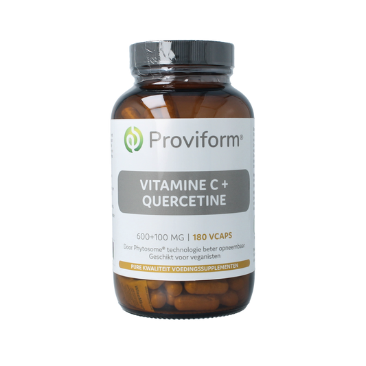Proviform Vitamine C & quercetine phyto vegetarian capsules, 180 count, with colorful capsules and plant-based ingredients.