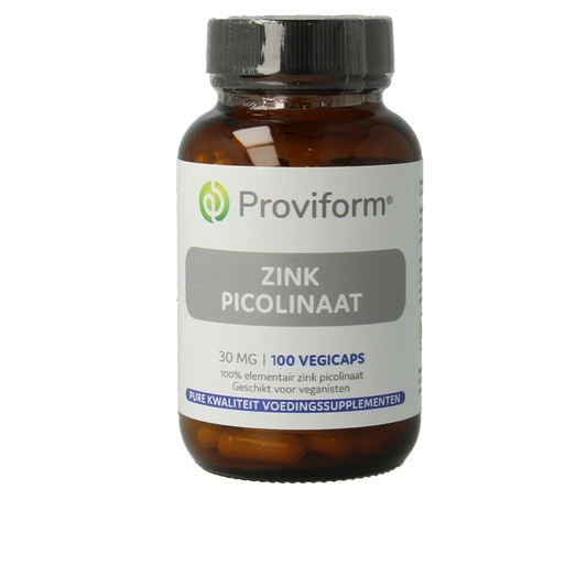 Proviform Zink picolinaat 30mg mineral capsules, vegetarian supplement, showing a bottle of zinc capsules in a close-up shot.