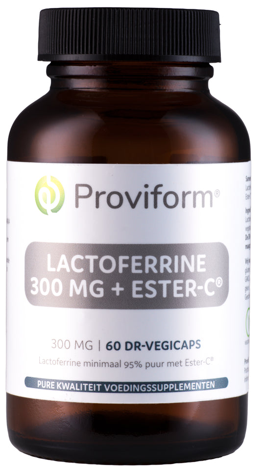 Proviform Lactoferrine puur 300mg and ester C vegetarian capsules, white and orange capsule bottles with label details.