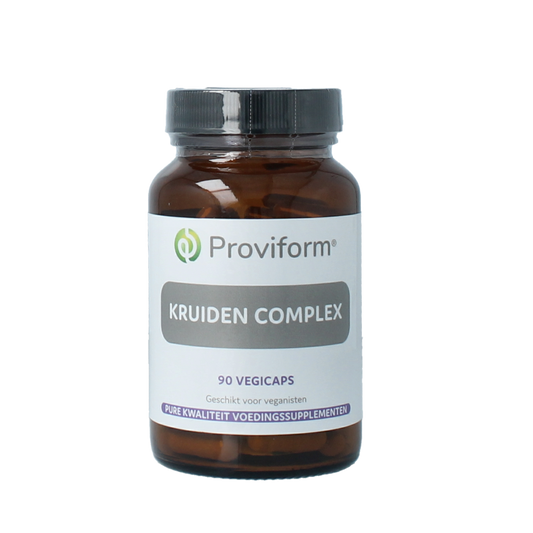 Proviform Kruidencomplex vegetarian capsules, herbal supplement in a clear bottle with green label and capsules inside.