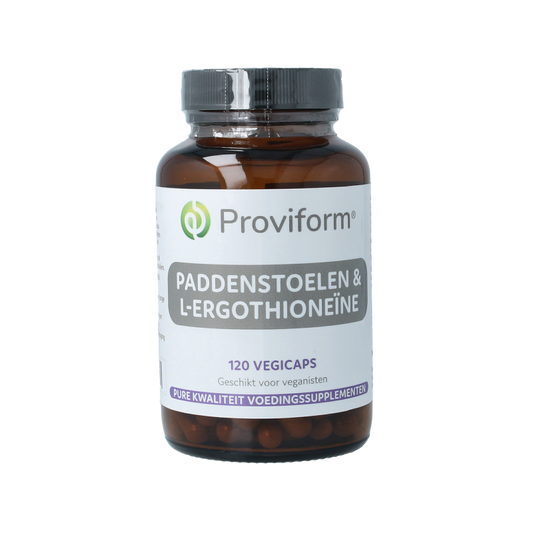Proviform Paddenstoel + L-ergothioneine vegetarian capsules, herbal supplement in a clear container with capsules inside.