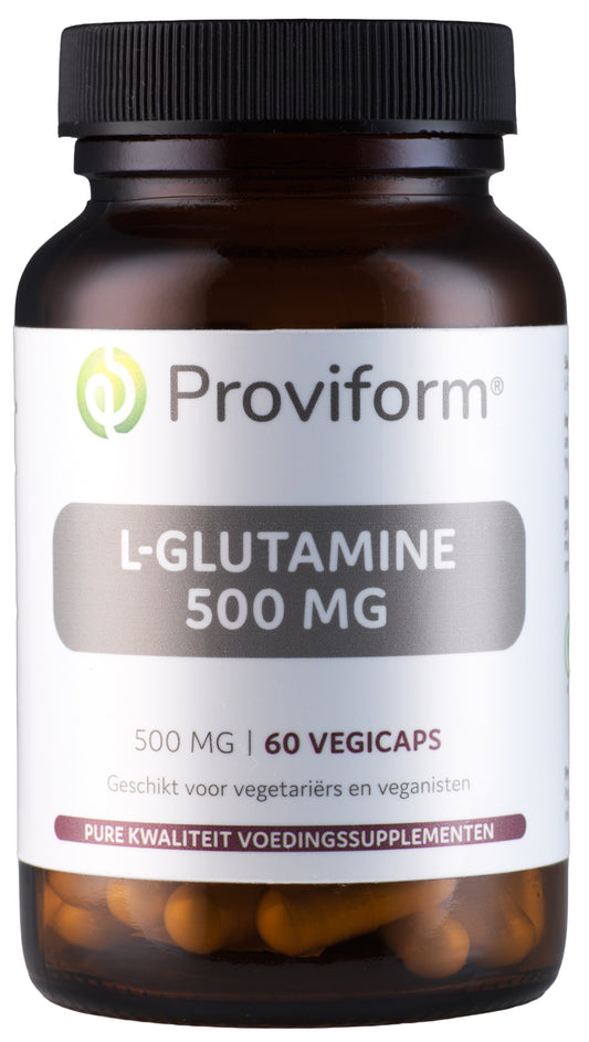 Proviform L Glutamine vegetarian capsules, 500mg, 60 count, dietary supplement in clear capsule form.
