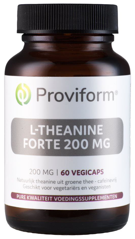 Proviform L-Theanine Forte 200mg vegetarian capsules, amino acid supplement, shown in the image.