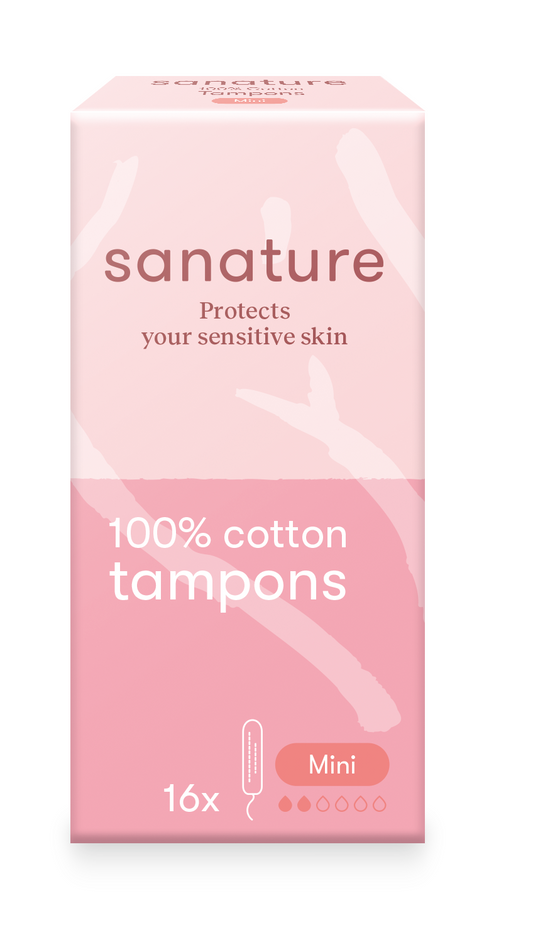 Sanature mini tampons for women, 16-pack, compact and discreet, designed for comfortable menstrual protection.