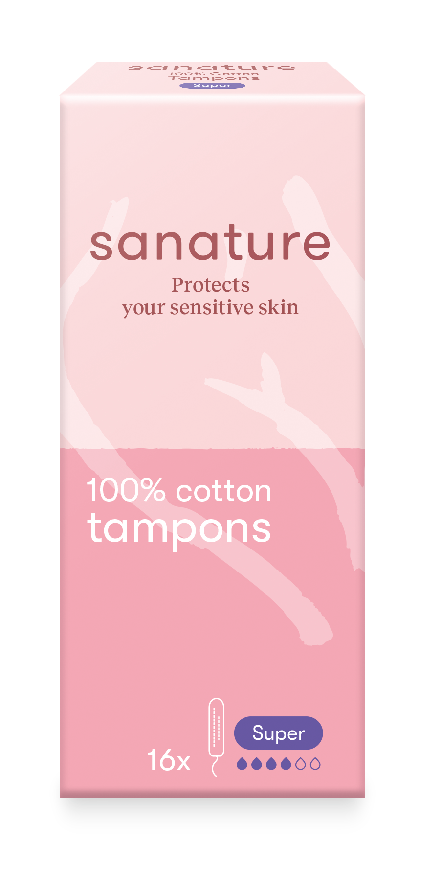 Sanature Super Tampons, 16-pack, feminine hygiene product designed for women, showing the tampon packaging and branding.