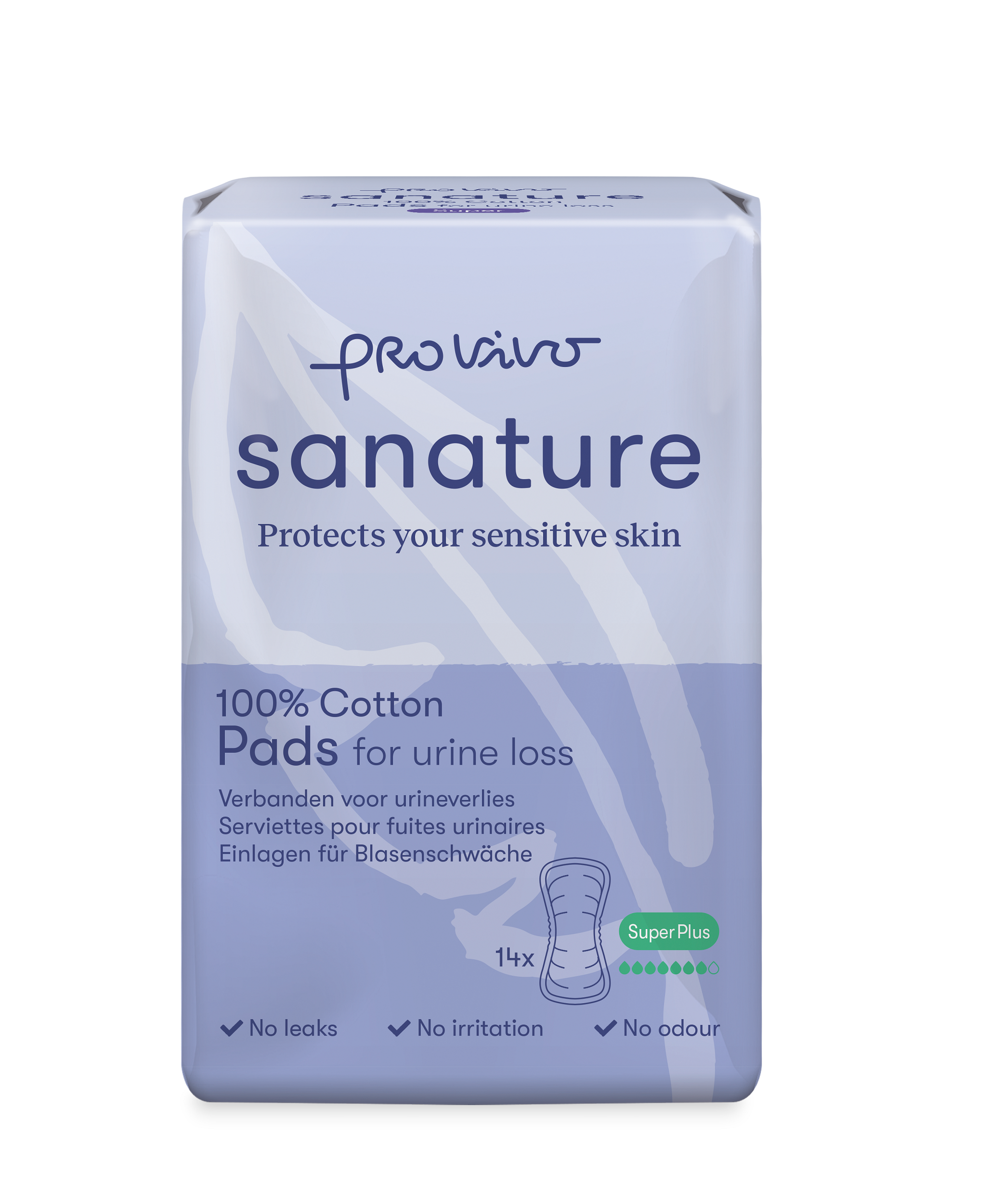 Sanature Pro Vivo super plus incontinence pads, 14 pack, showing absorbent incontinence products with soft material and packaging.